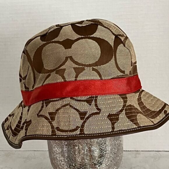 Authentic Coach Canvas Monogrammed Beige Orange Bucket Hat Womens M L Host Pick - Picture 3 of 6